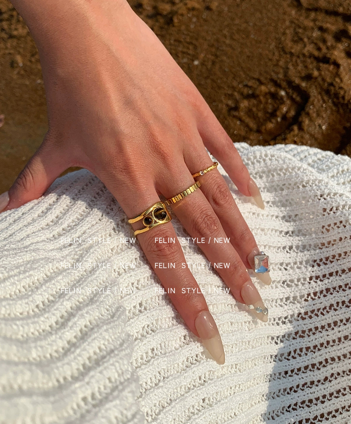 Natural tiger's eye stone wide version open index finger ring women's light luxury niche design advanced sense European and American style ins retro