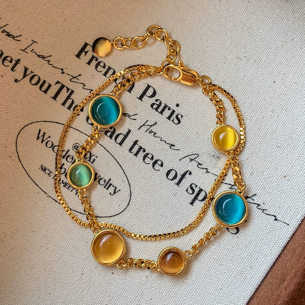 Double-layer stacked opal aquamarine metal bracelet women's light luxury exquisite fashion high-end French temperament bracelet