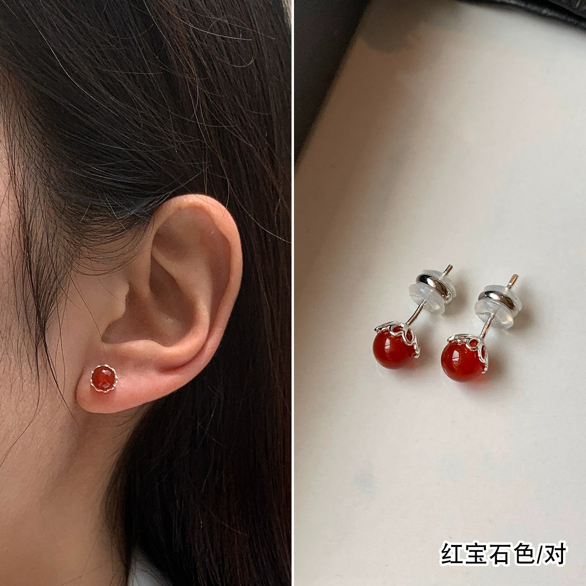 S999 sterling silver natural red and blue gemstone turquoise earrings women's small exquisite ear hole earrings 2025 new