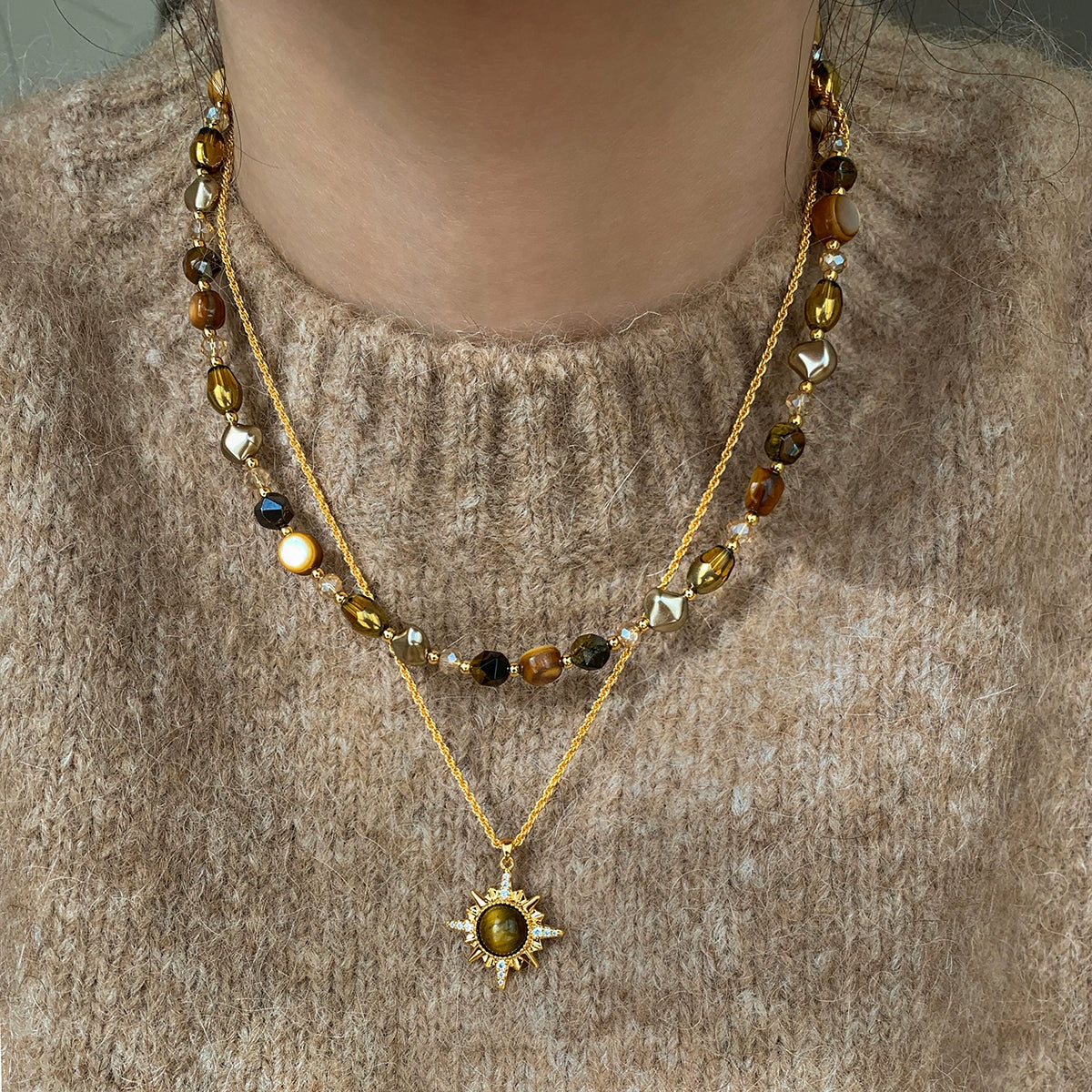 Natural Tiger's Eye Stone Necklace Women's High-end Long Sweater Chain Double Layer Stacked Wear Maillard Accessories Light Luxury Niche Premium