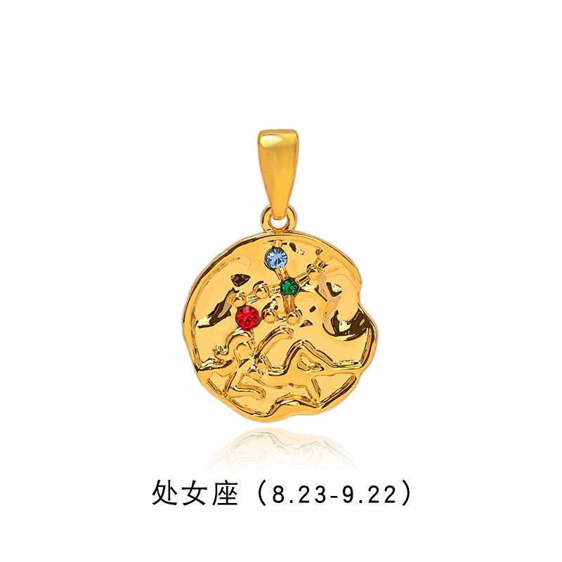 Twelve constellations gold coin pendant dopamine color beaded necklace women's summer accessories light luxury niche collarbone chain