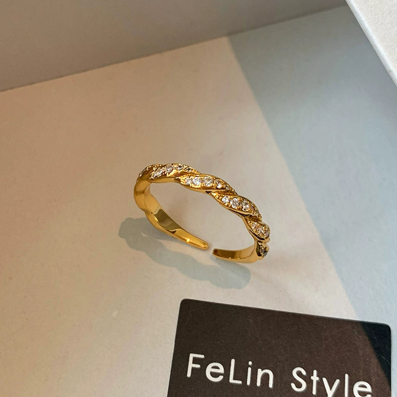European and American metal twist diamond opening ring women's fashion personality 2025 new light luxury niche high-end jewelry