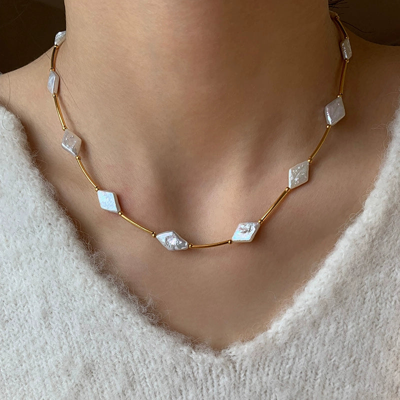 European and American French natural freshwater rhombus irregular baroque pearl necklace women's light luxury niche high-end neck chain