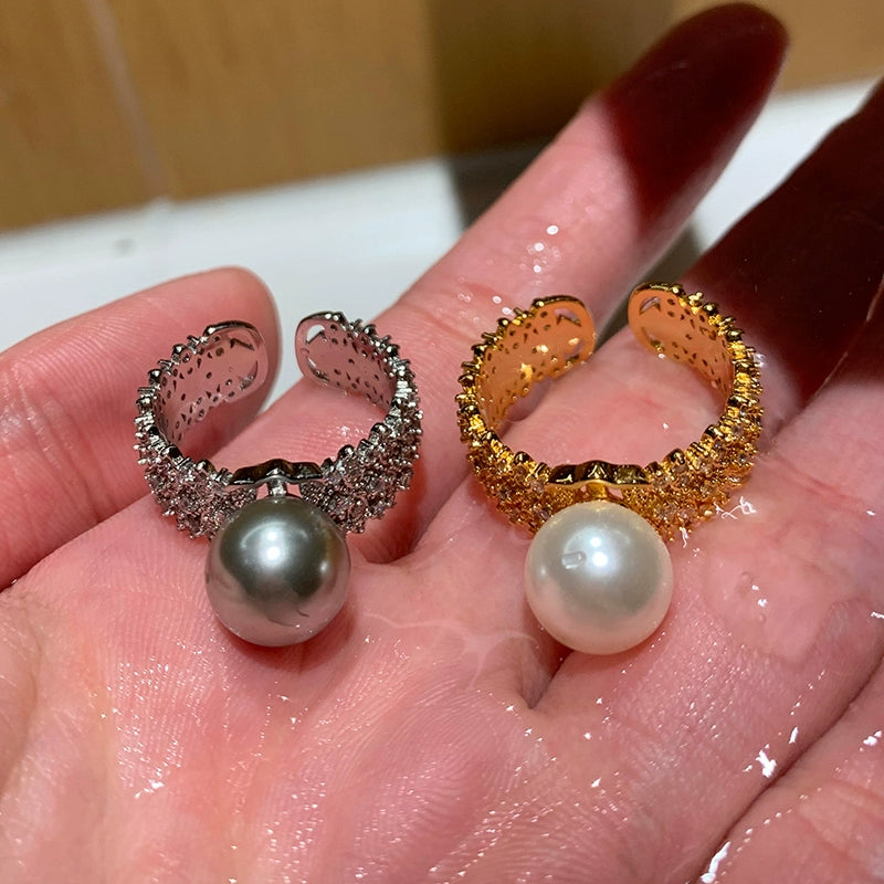 Wide version full diamond opening Australian white pearl ring women's fashion personality light luxury exquisite niche high sense adjustable