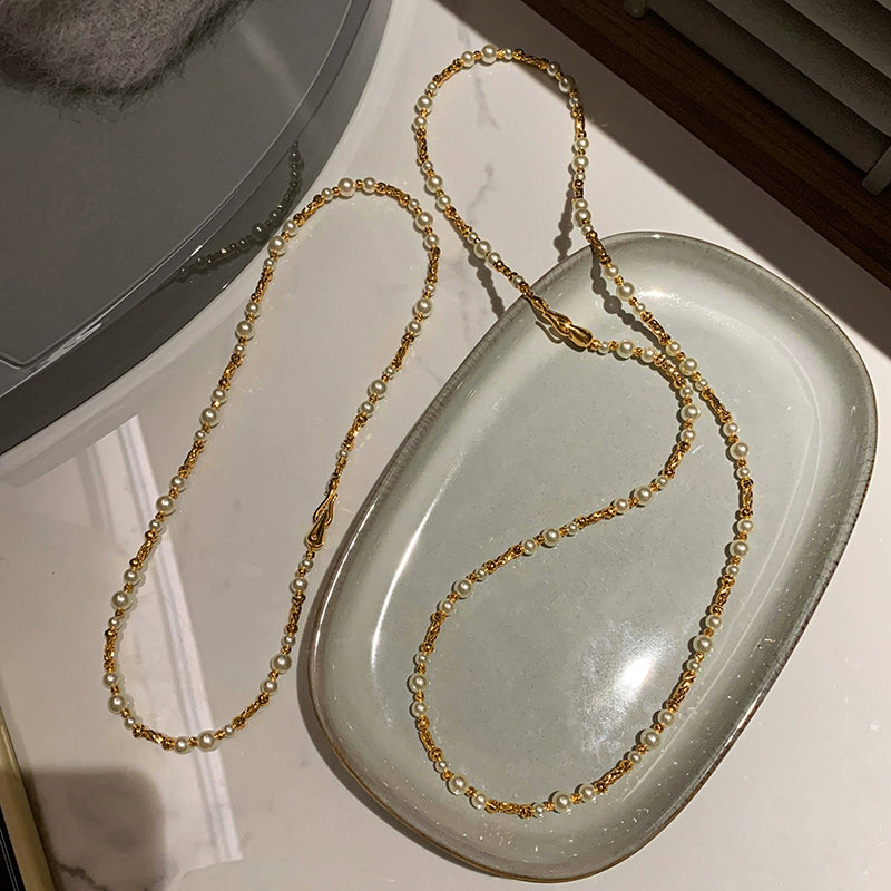 Maduo hemp gray gypsy French long pearl necklace women's light luxury niche double-layer stacked collarbone chain neck chain