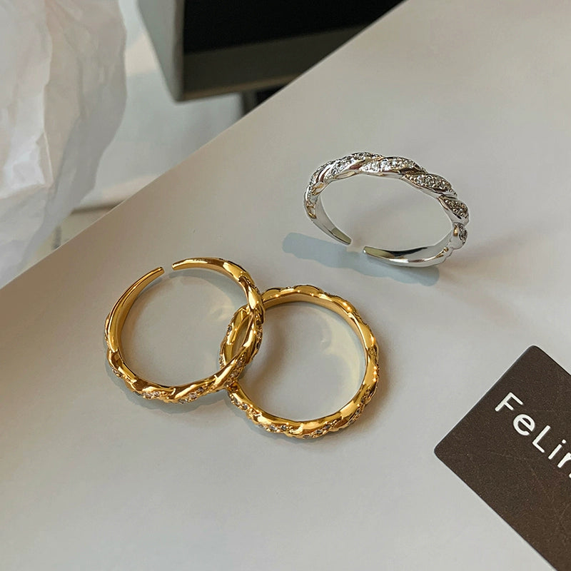 European and American metal twist diamond opening ring women's fashion personality 2025 new light luxury niche high-end jewelry