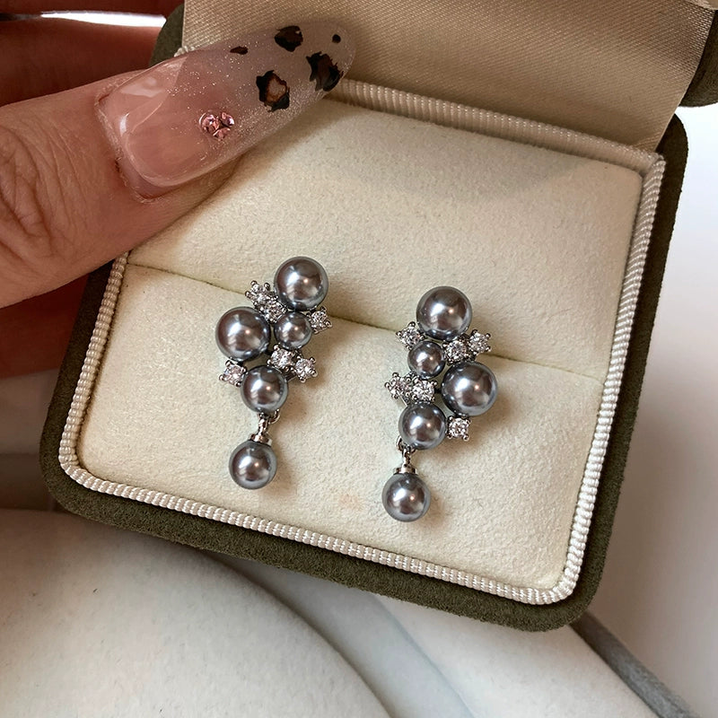 S925 silver needle real hemp silver gray grape pearl stud earrings women's unique 2025 new high-end earrings earrings