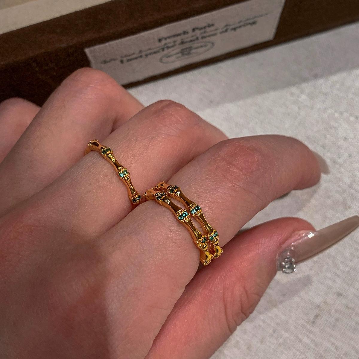 Emerald white diamond zircon opening adjustable bamboo ring women's light luxury exquisite fashion high sense middle index finger