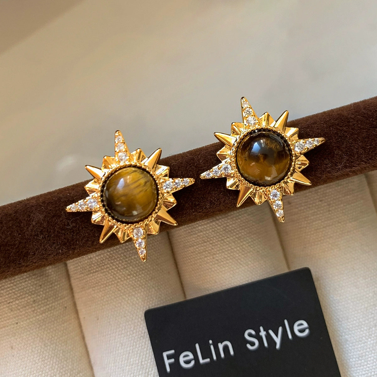 925 Silver Needle Natural Tiger's Eye Sun Flower Gold Stud Earrings Women's Premium Sense 2025 New Unique Earrings Earrings