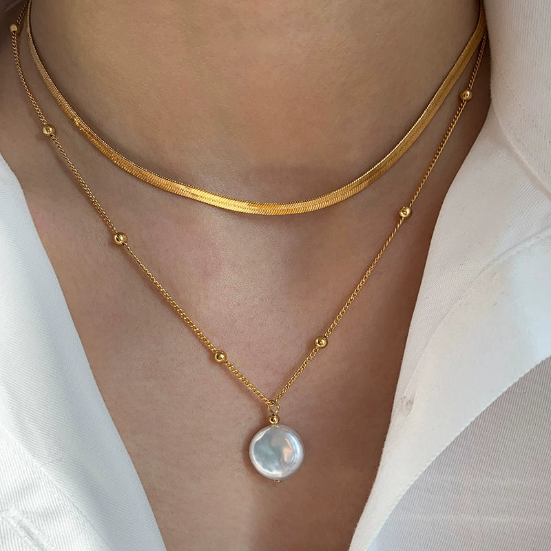 Natural freshwater baroque pearl pendant necklace women's accessories double-layer stacked snake bone chain 2025 new collarbone chain