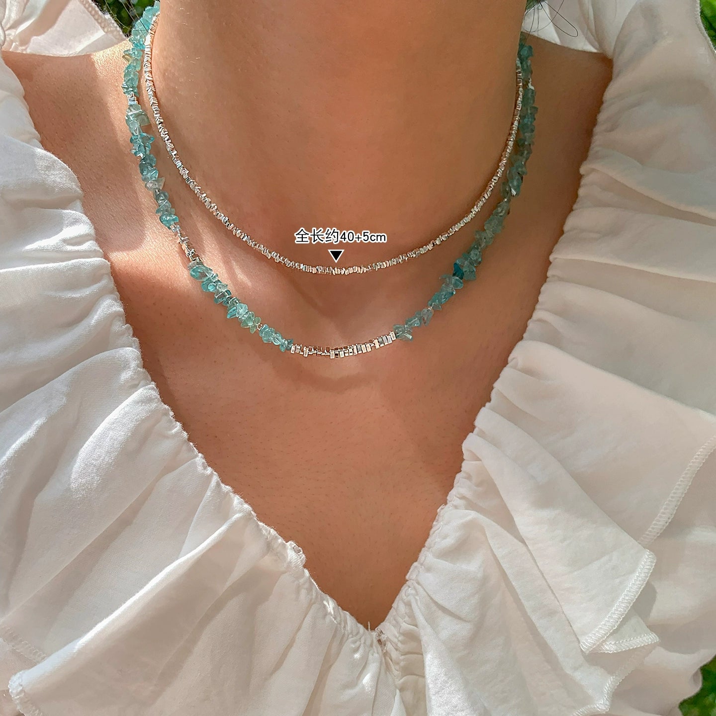 Natural green glazed crystal color broken silver necklace for women, suitable for summer seaside light luxury high-end blue-green necklace