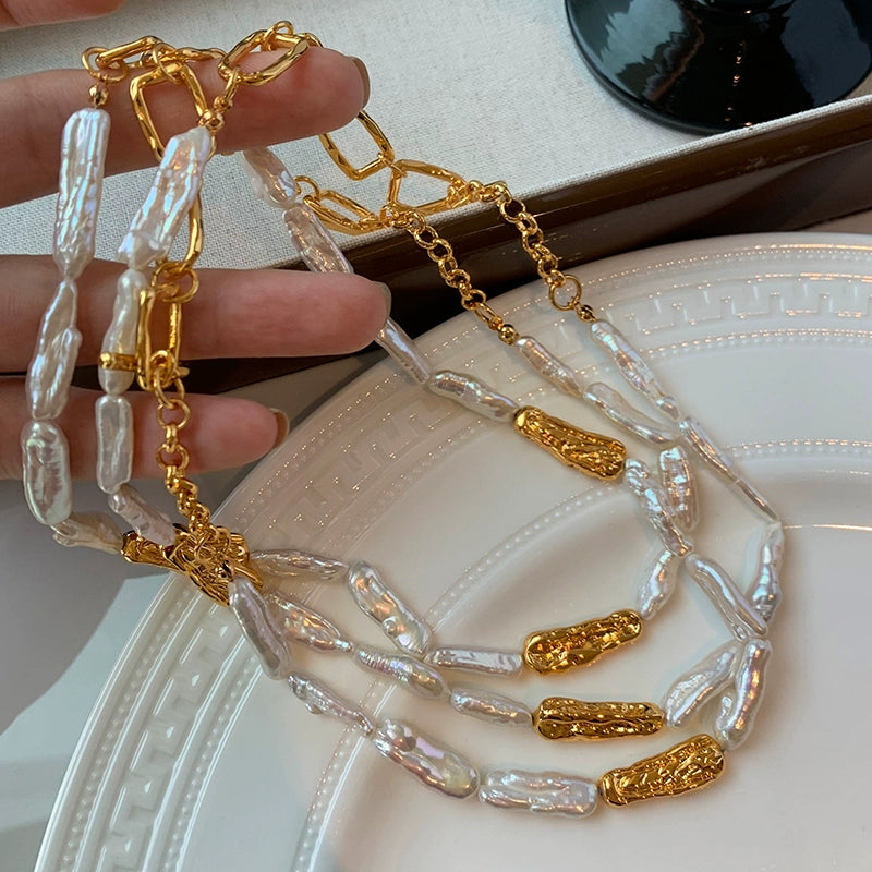 Natural freshwater baroque toothpick pearl necklace women's light luxury niche French retro high-end clavicle chain neck chain