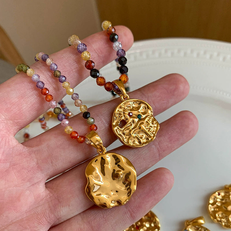 Twelve constellations gold coin pendant dopamine color beaded necklace women's summer accessories light luxury niche collarbone chain