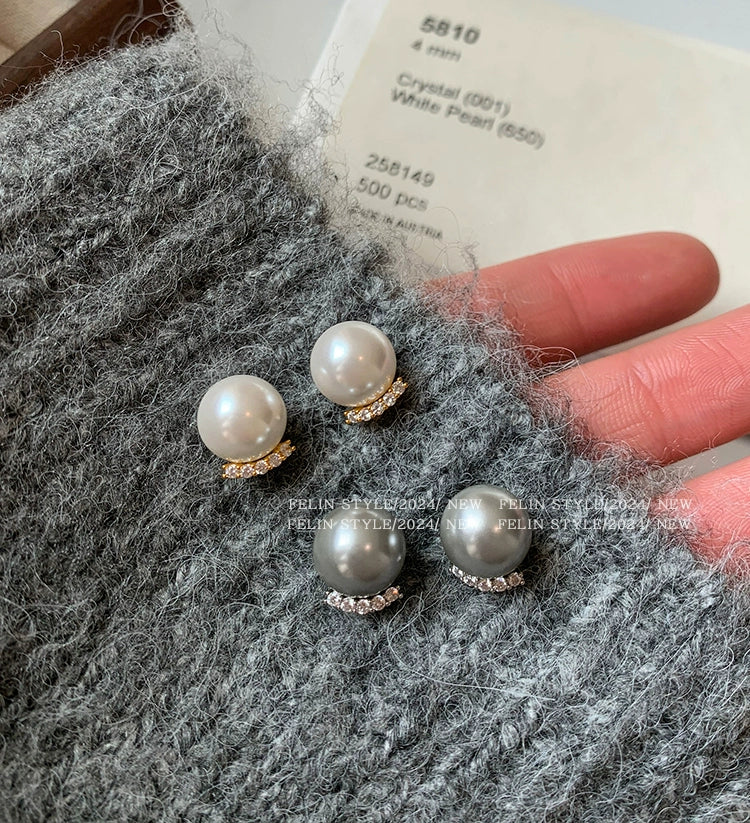 French real hemp silver gray Australian white diamond-encrusted pearl stud earrings women's 2025 new popular high-end earrings earrings