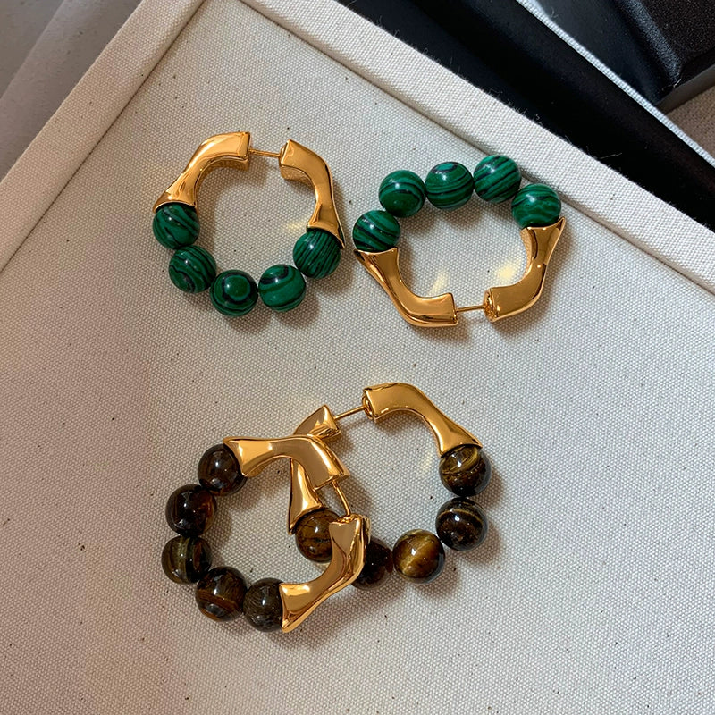 French retro natural malachite tiger's eye earrings women's niche design sense high-end unique earrings earrings earrings