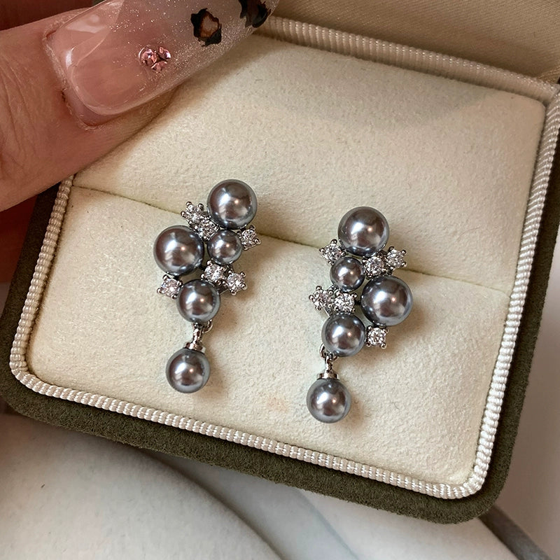 S925 silver needle real hemp silver gray grape pearl stud earrings women's unique 2025 new high-end earrings earrings