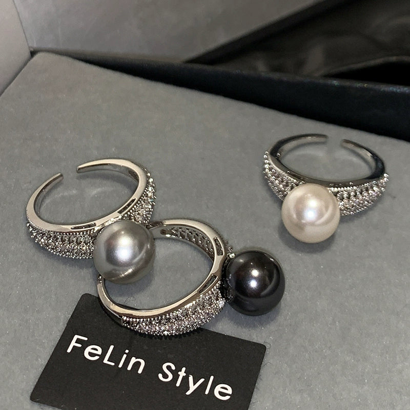 French Australian white gray pearl ring women's opening adjustable 2025 new high-end niche exquisite index finger middle finger