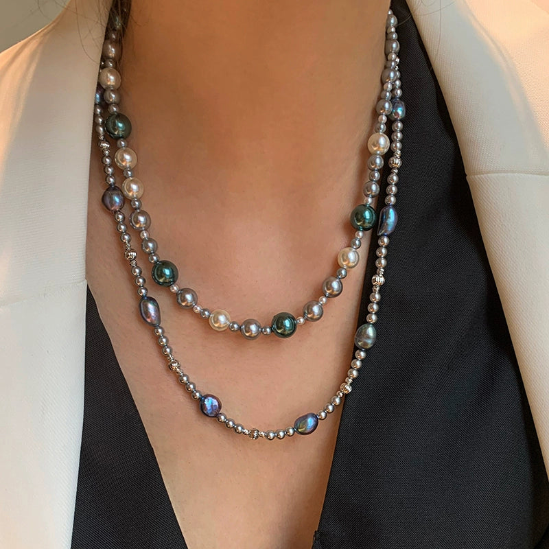 Ni Ni has the same mixed color Tahiti color, so much hemp gray pearl necklace, women's light luxury niche high-end neck chain.