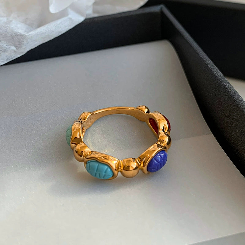 European and American French medieval colored gemstones, middle finger index finger ring, women's fashion personality, light luxury, niche, exquisite and advanced sense