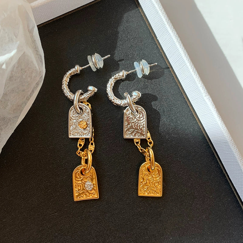 Unique design gold and silver contrasting color square brand long earrings women's square face shows their face small light luxury high-end new earrings earrings
