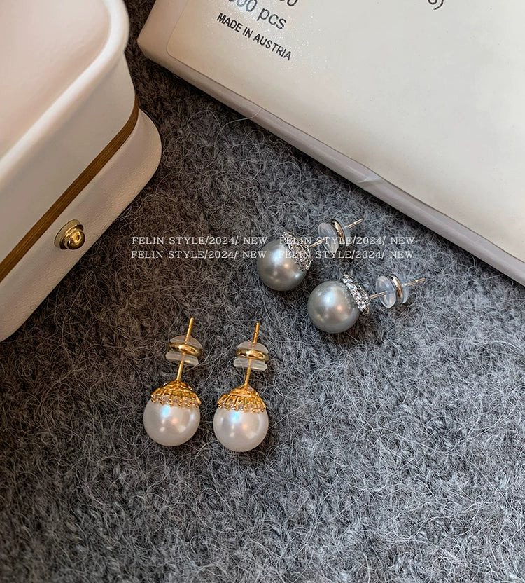 French real hemp silver gray Australian white diamond-encrusted pearl stud earrings women's 2025 new popular high-end earrings earrings