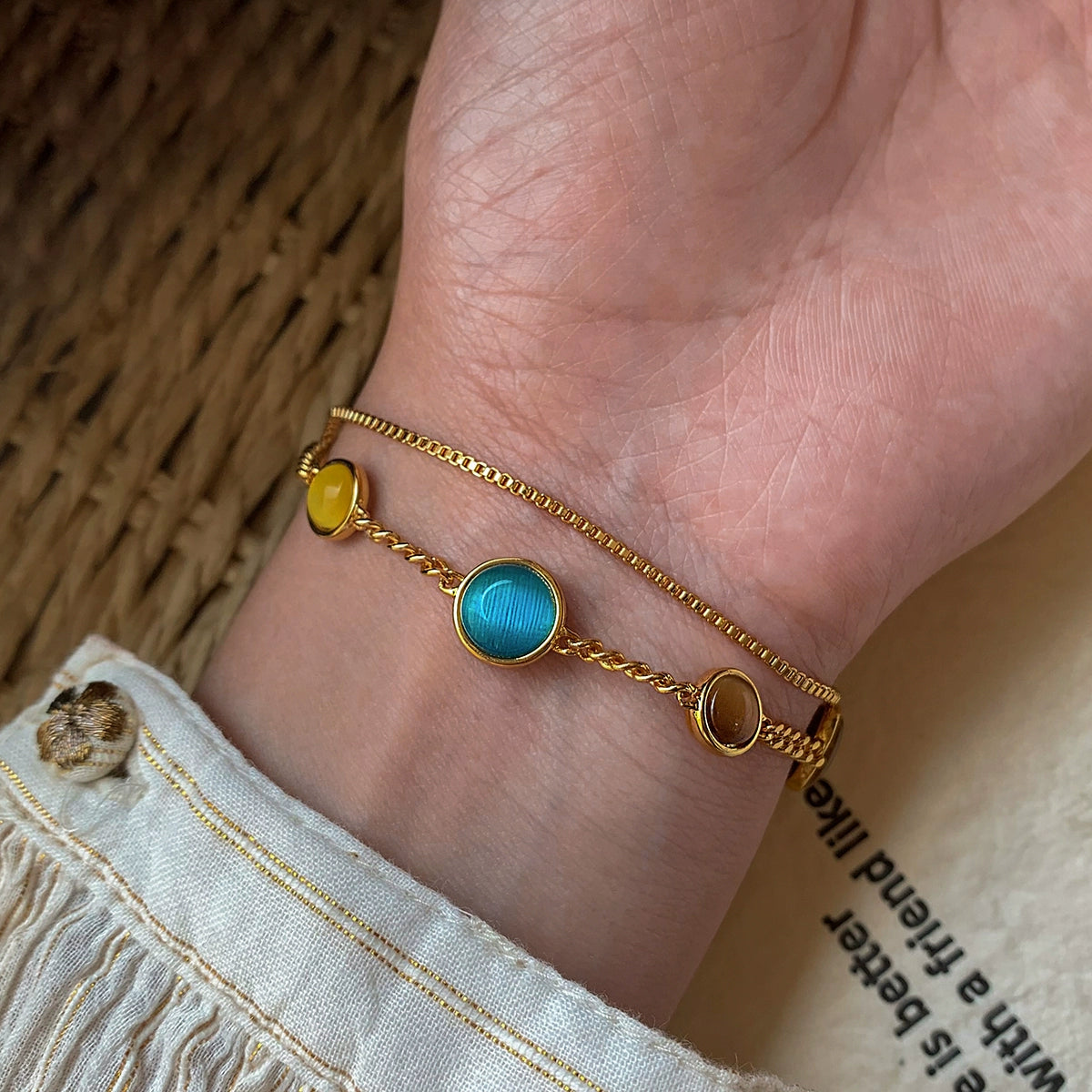 Double-layer stacked opal aquamarine metal bracelet women's light luxury exquisite fashion high-end French temperament bracelet