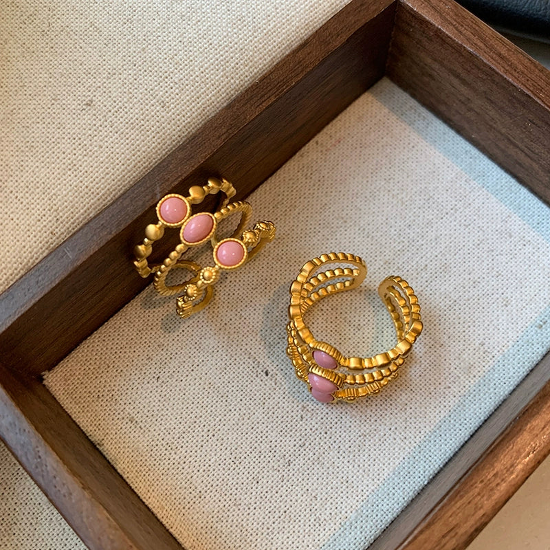 European, American retro medieval Egyptian style multi-layer stacking wearing pink natural stone open ring women's light luxury exquisite high sense