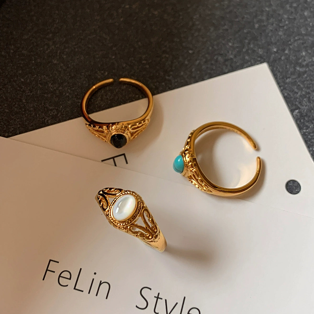 Retro turquoise black agate white fritillary open ring female adjustable middle finger index finger light luxury niche design sense