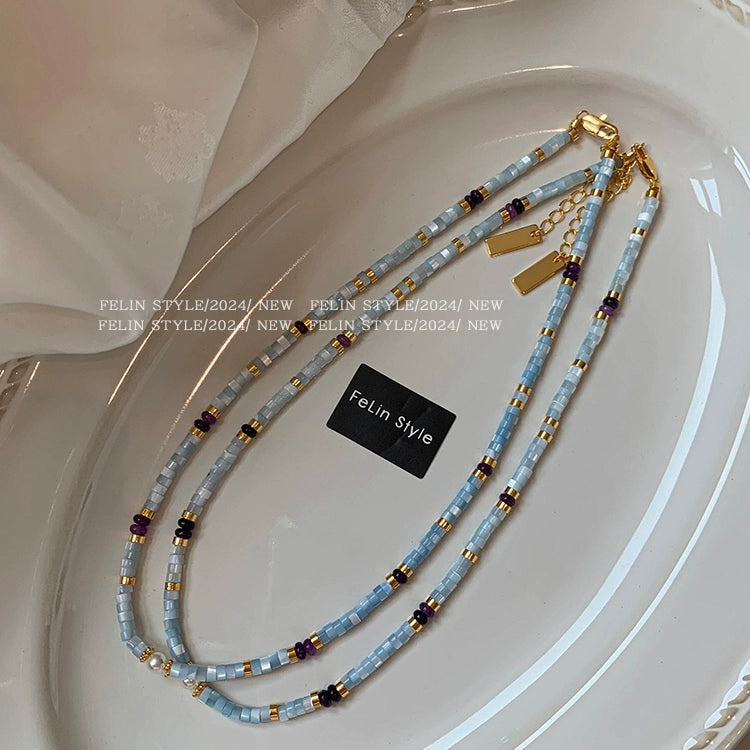 Natural stone white butterfly shell light blue beaded necklace women's high-end light luxury niche high-end 2025 new neck chain