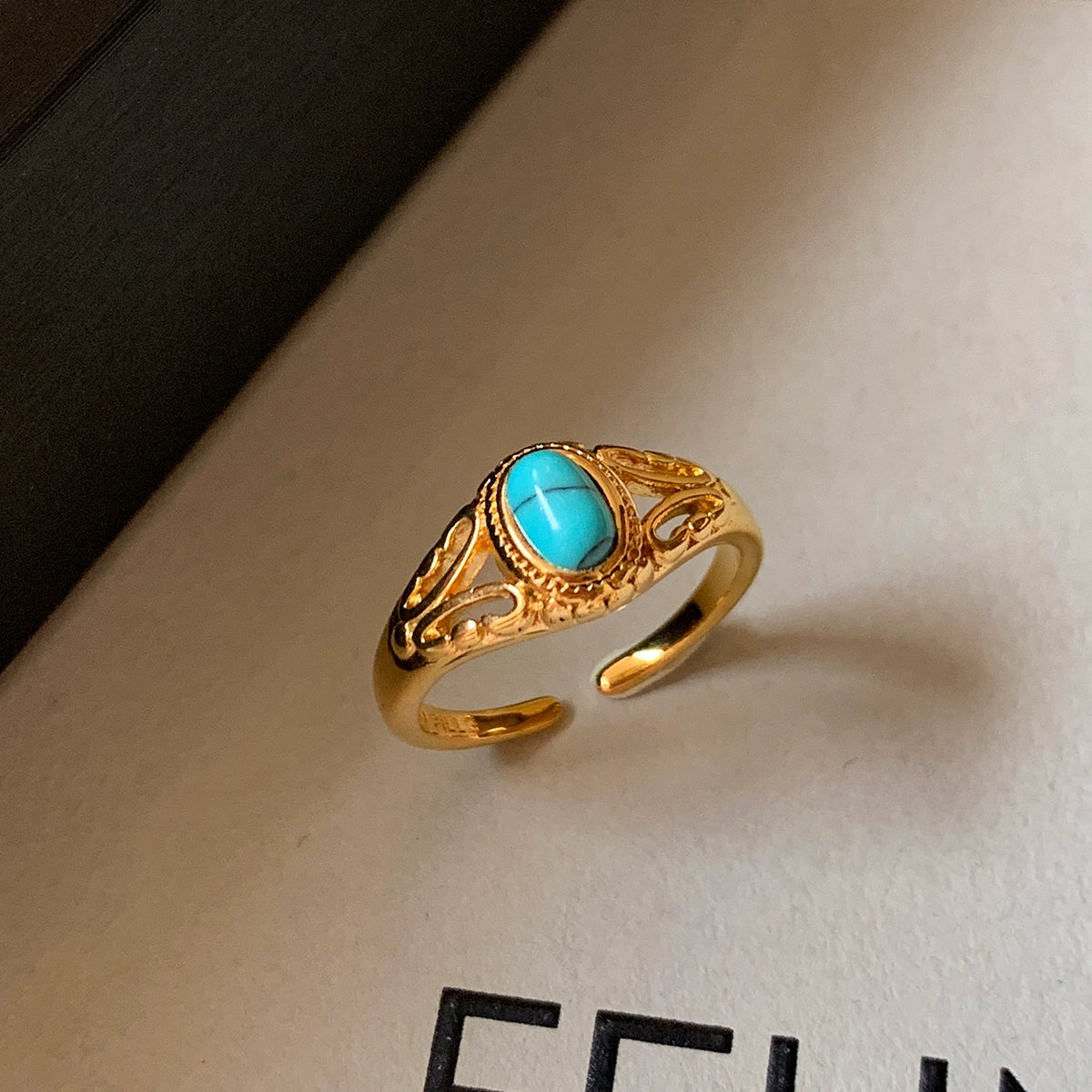 Retro turquoise black agate white fritillary open ring female adjustable middle finger index finger light luxury niche design sense