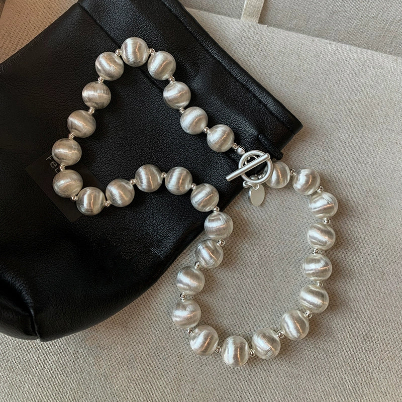 European and American ins exaggerated personality metal heavy industry brushed silver ball necklace women's unique niche design sweater chain