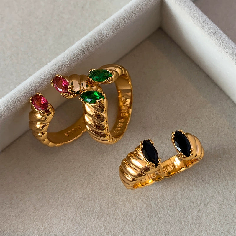 European and American retro colored gemstone vintagr gold adjustable opening index finger ring women's niche design fashion