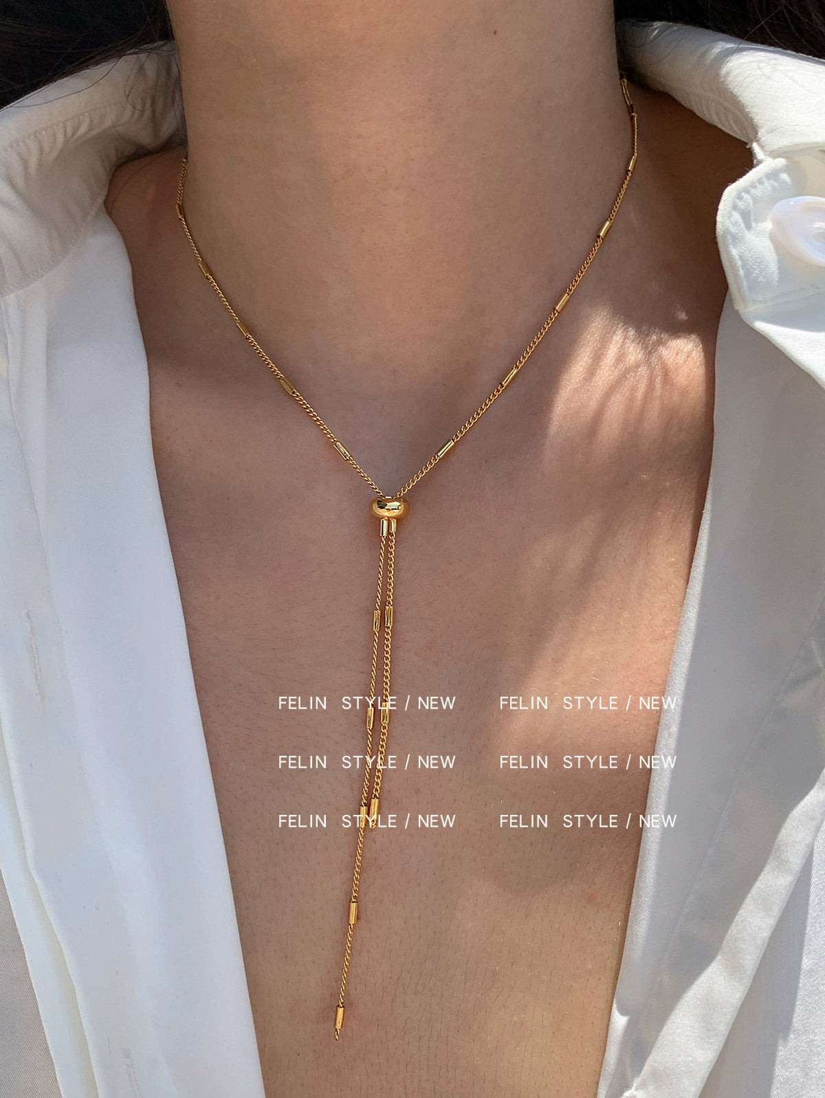 Pull adjustable long gold and silver metal plain chain necklace women's accessories summer light luxury niche premium collarbone chain
