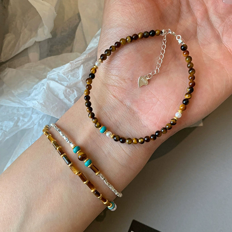 Sterling Silver Broken Silver Maillard Wear Natural Tiger's Eye Stone Bracelet Women's Light Luxury Niche Exquisite 2025 New Bracelet