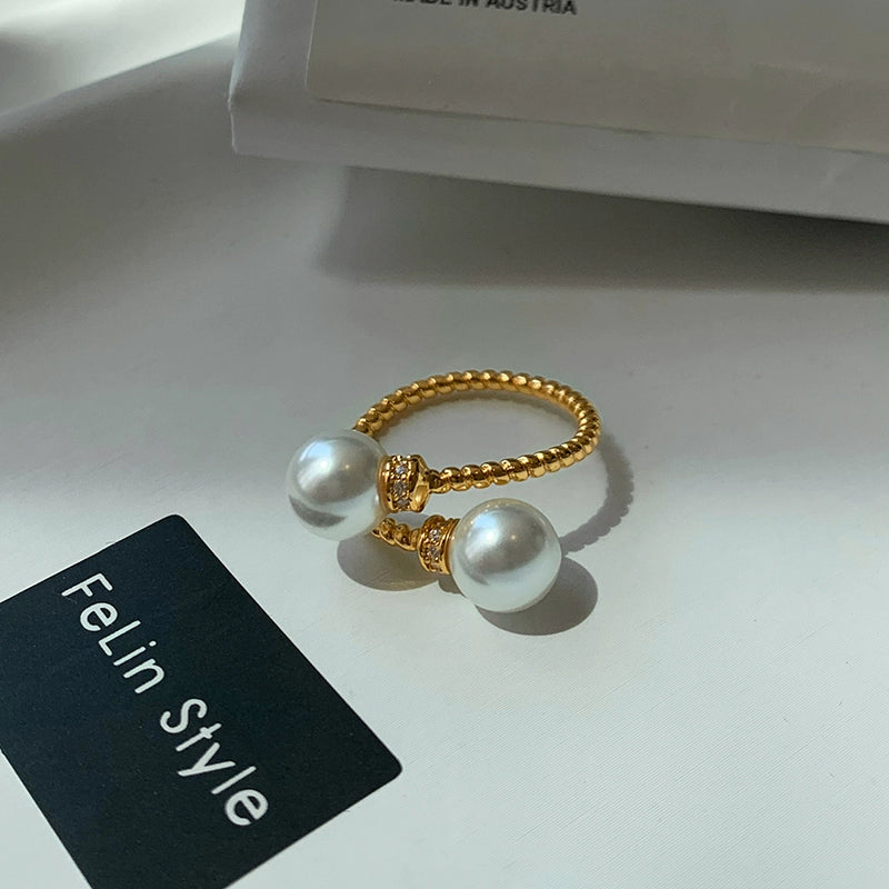 French Aurora Australian White Grey Twist Open Pearl Ring Women's Fashion Personality Exquisite Light Luxury Niche Jewelry