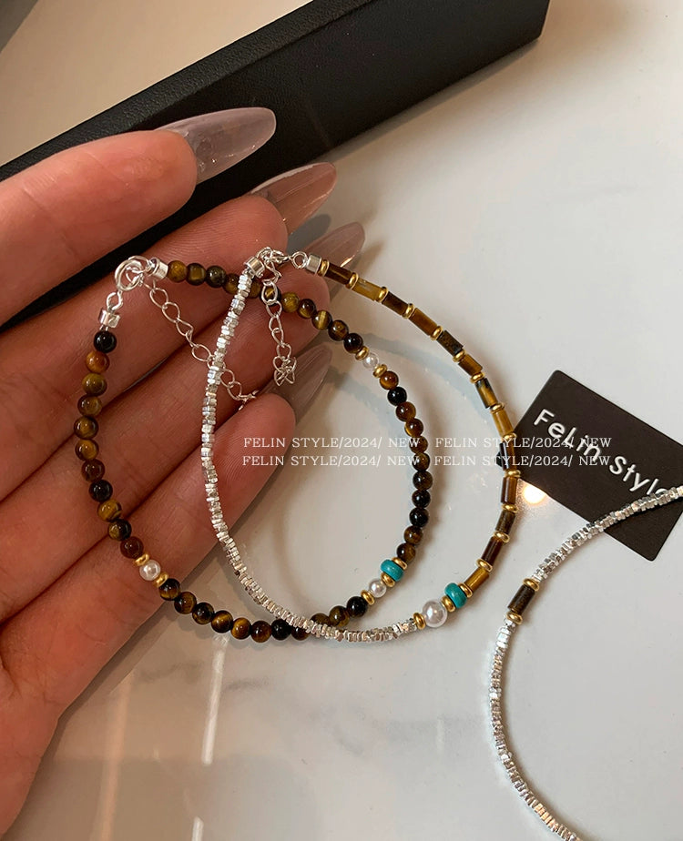 Sterling Silver Broken Silver Maillard Wear Natural Tiger's Eye Stone Bracelet Women's Light Luxury Niche Exquisite 2025 New Bracelet