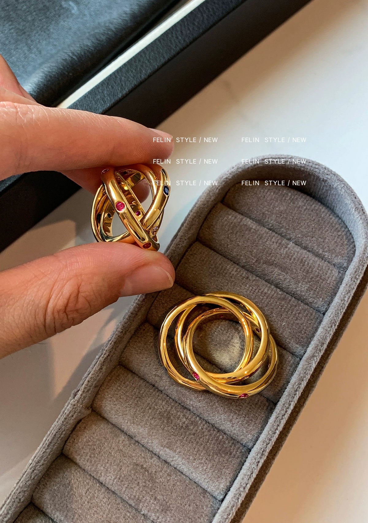 Europe, America, exaggerated personality, multi-layer metal ring with diamond color ring, women's light luxury niche design sense, high-end accessories