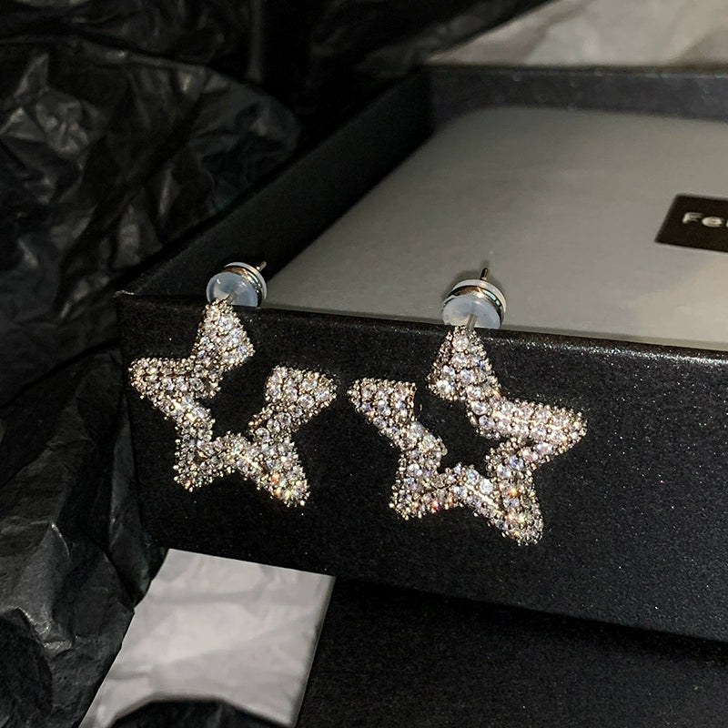 Silver zircon five-pointed star full diamond earrings women's light luxury niche high-end sense unique 2025 new earrings earrings