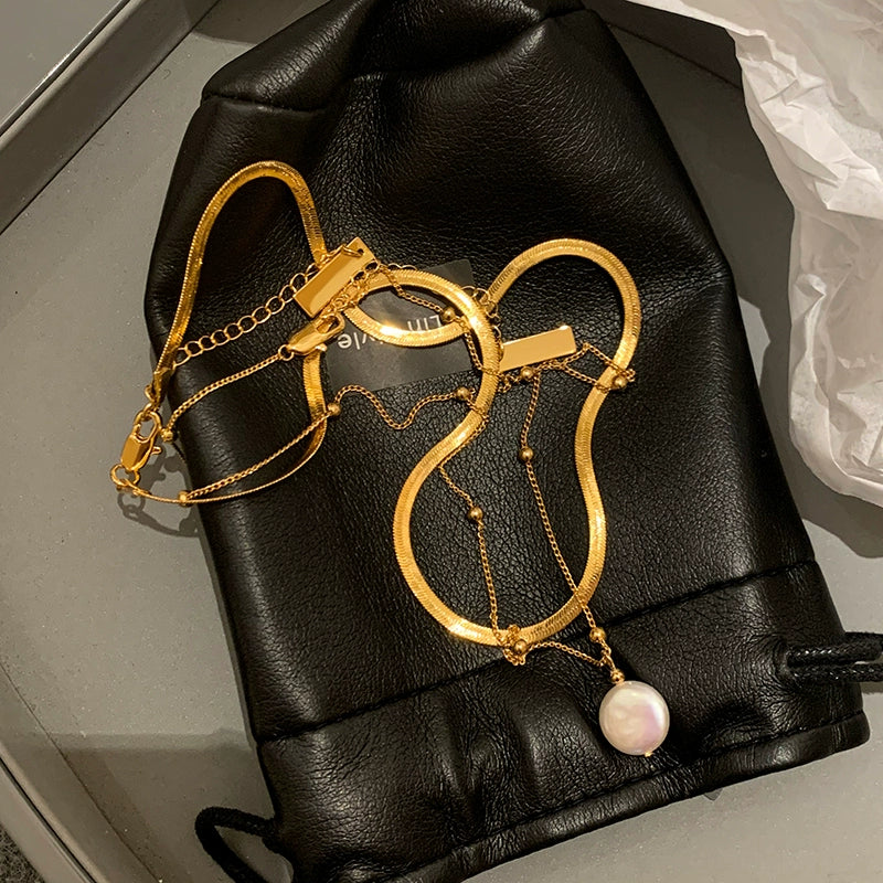 Natural freshwater baroque pearl pendant necklace women's accessories double-layer stacked snake bone chain 2025 new collarbone chain