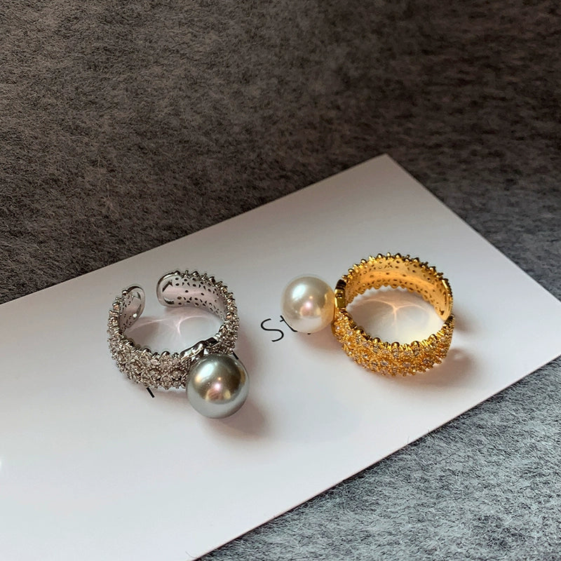 Wide version full diamond opening Australian white pearl ring women's fashion personality light luxury exquisite niche high sense adjustable