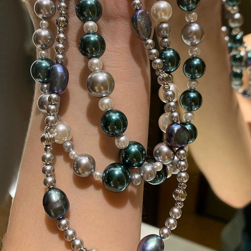 Ni Ni has the same mixed color Tahiti color, so much hemp gray pearl necklace, women's light luxury niche high-end neck chain.