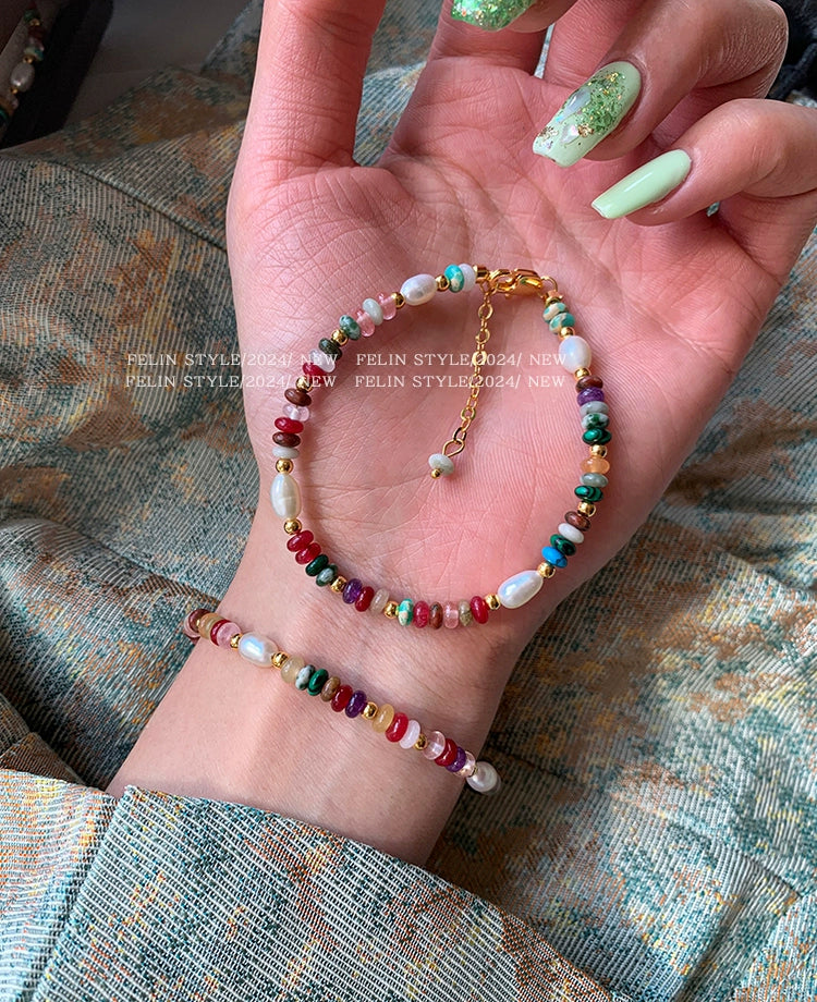 Natural stone pearl colored glazed dopamine beaded bracelet women's summer light luxury niche 2025 new bracelet