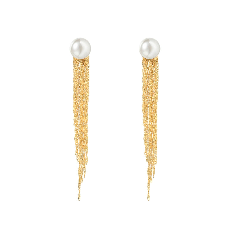 Gold and silver long fringed steamed buns, pearl stud earrings, women's 2025 new big face, suitable for showing face, small earrings, ear jewelry