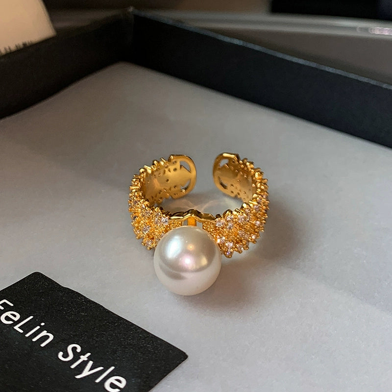 Wide version full diamond opening Australian white pearl ring women's fashion personality light luxury exquisite niche high sense adjustable