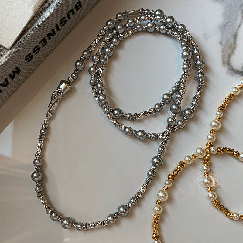 Maduo hemp gray gypsy French long pearl necklace women's light luxury niche double-layer stacked collarbone chain neck chain