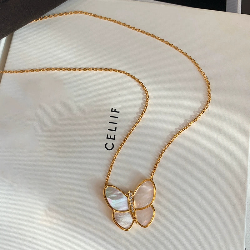 Natural white fritillary butterfly necklace women's high-end 2025 new popular light luxury niche high-end retro sweater chain