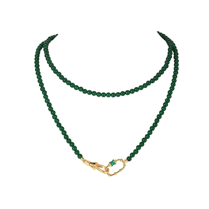 New Chinese long natural stone green chalcedony beaded necklace women's accessories light luxury niche 2025 new sweater chain