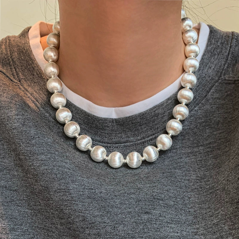 European and American ins exaggerated personality metal heavy industry brushed silver ball necklace women's unique niche design sweater chain