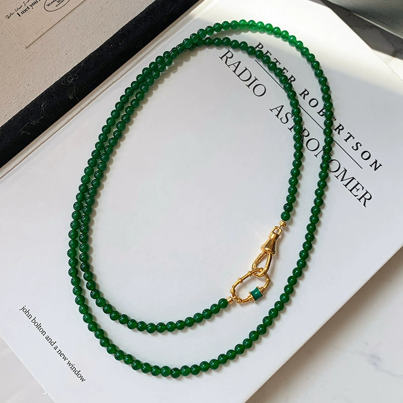 New Chinese long natural stone green chalcedony beaded necklace women's accessories light luxury niche 2025 new sweater chain