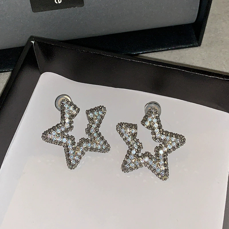 Silver zircon five-pointed star full diamond earrings women's light luxury niche high-end sense unique 2025 new earrings earrings